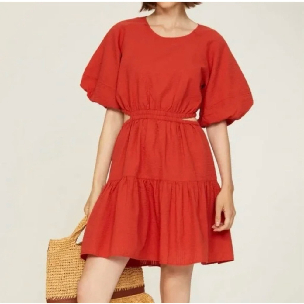 Women's Madewell Seersucker Open Back Puff Sleeve Red Dress Size Large